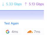 An internet speed test showing 5.0 Gbps download and 5.0 Gbps upload.