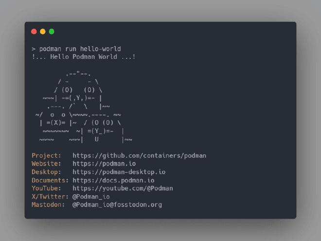 The output from the hello-world Podman container.